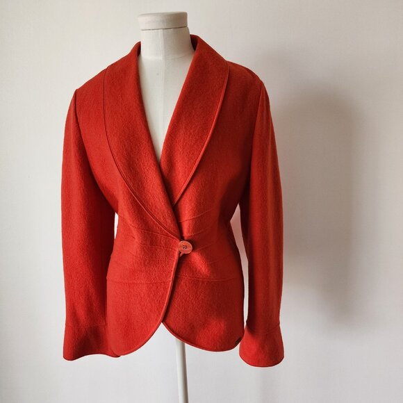 Vintage Geiger Orange Red Boiled Wool Sweater Cardigan Jacket - Picture 2 of 10